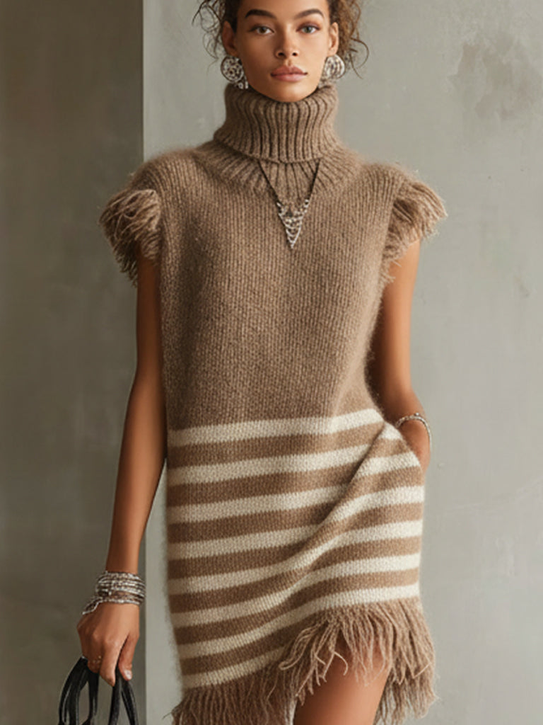 Camel Soft Stripe Knit Fringe Mini Dress