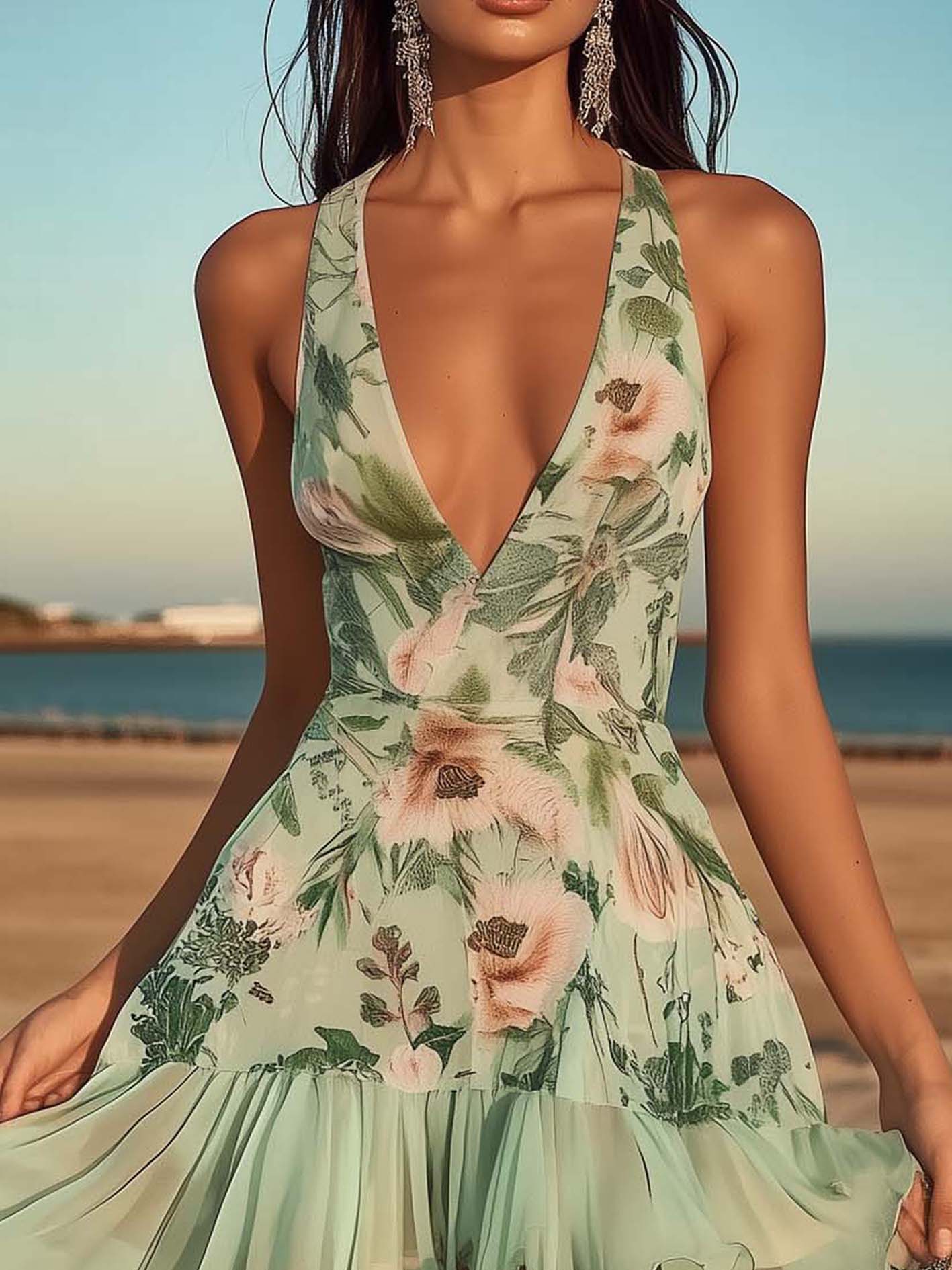 Light Green Chiffon Mini Dress With Trendy Plants And Ruffles