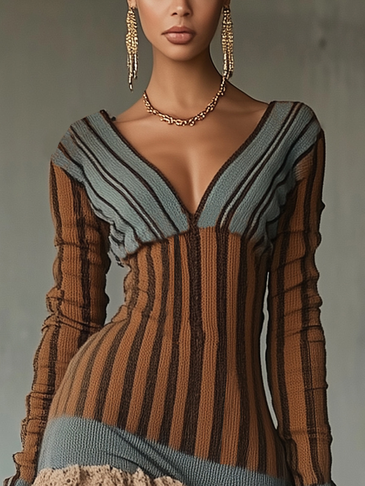 Striped Knit Dress With Crochet Ruffle Hem