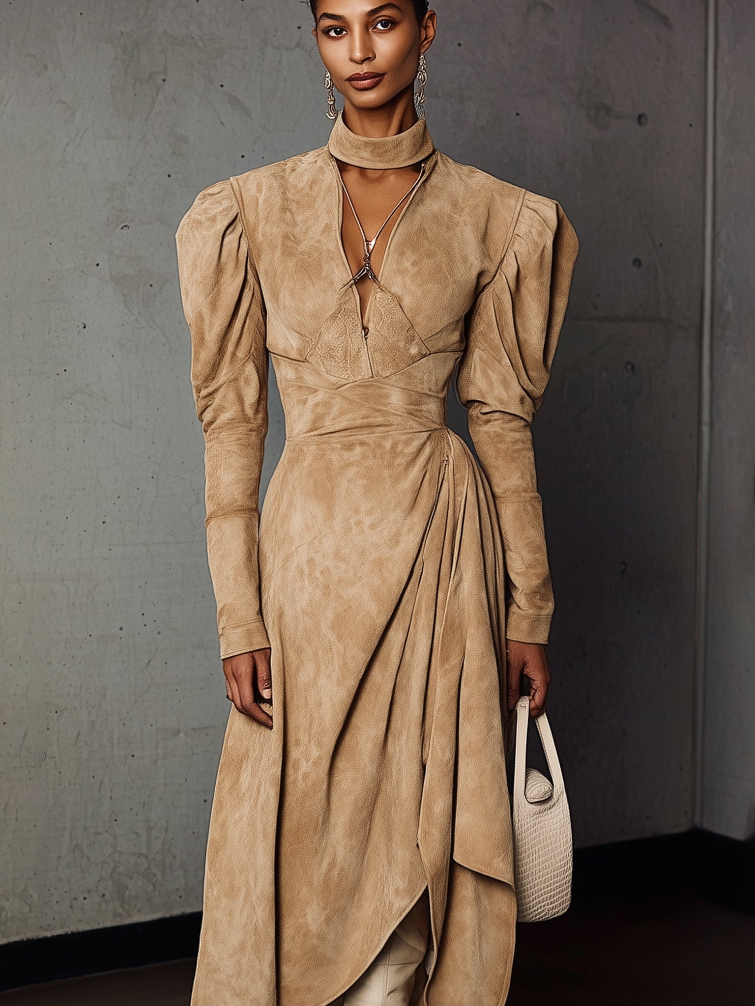 Beige Faux Suede Draped Long Sleeve Maxi Dress