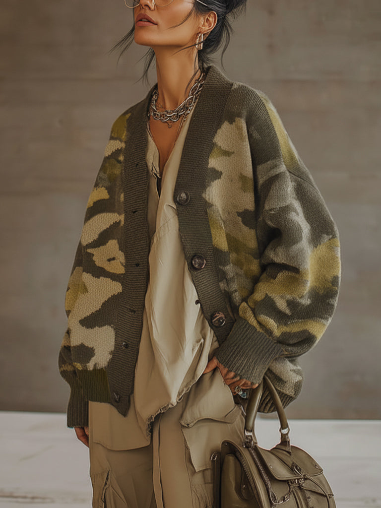 Olive Green Oversized Camouflage Knit Button Down Cardigan