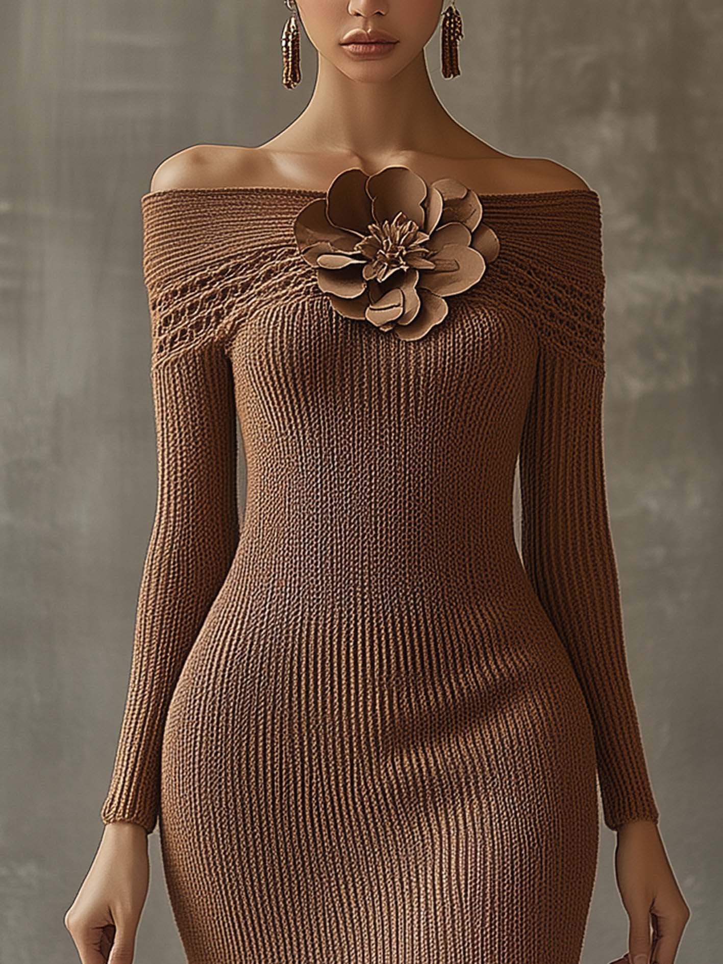 Off Shoulder Brown Knitted Midi Bodycon Dress With 3D Flower