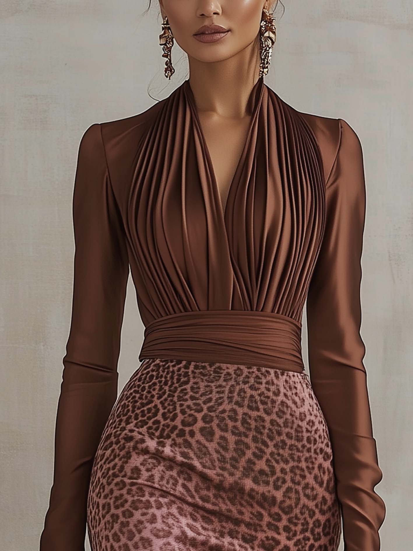Brown Satin Mini Dress With Pink Leopard Print