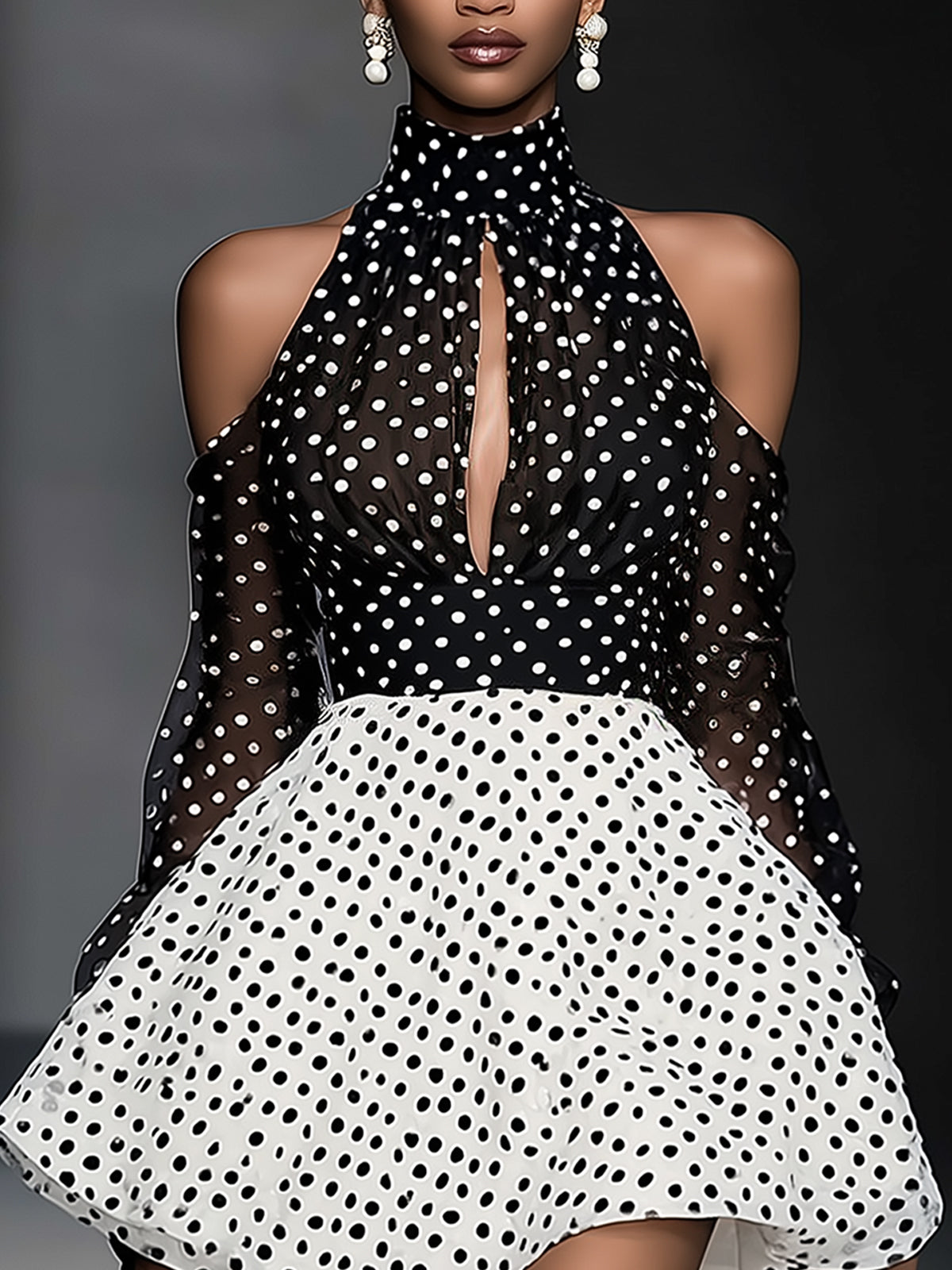 Polka Dot Cold Shoulder Ruffle Mini Dress