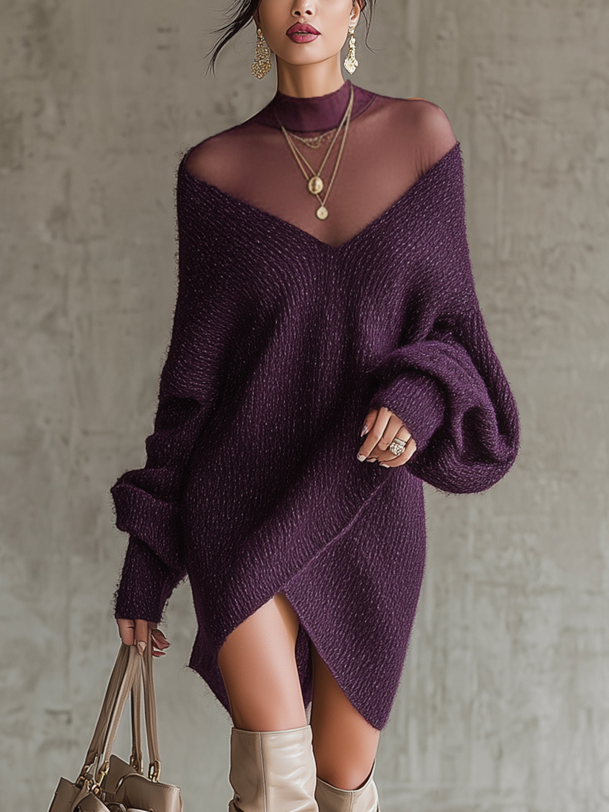Purple Knit Mini Dress With Sheer Mesh Neckline And Asymmetric Hem