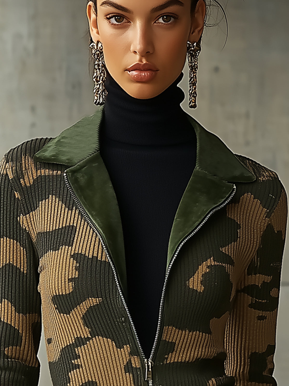 Camouflage Ribbed Jacket With Suede Lapels