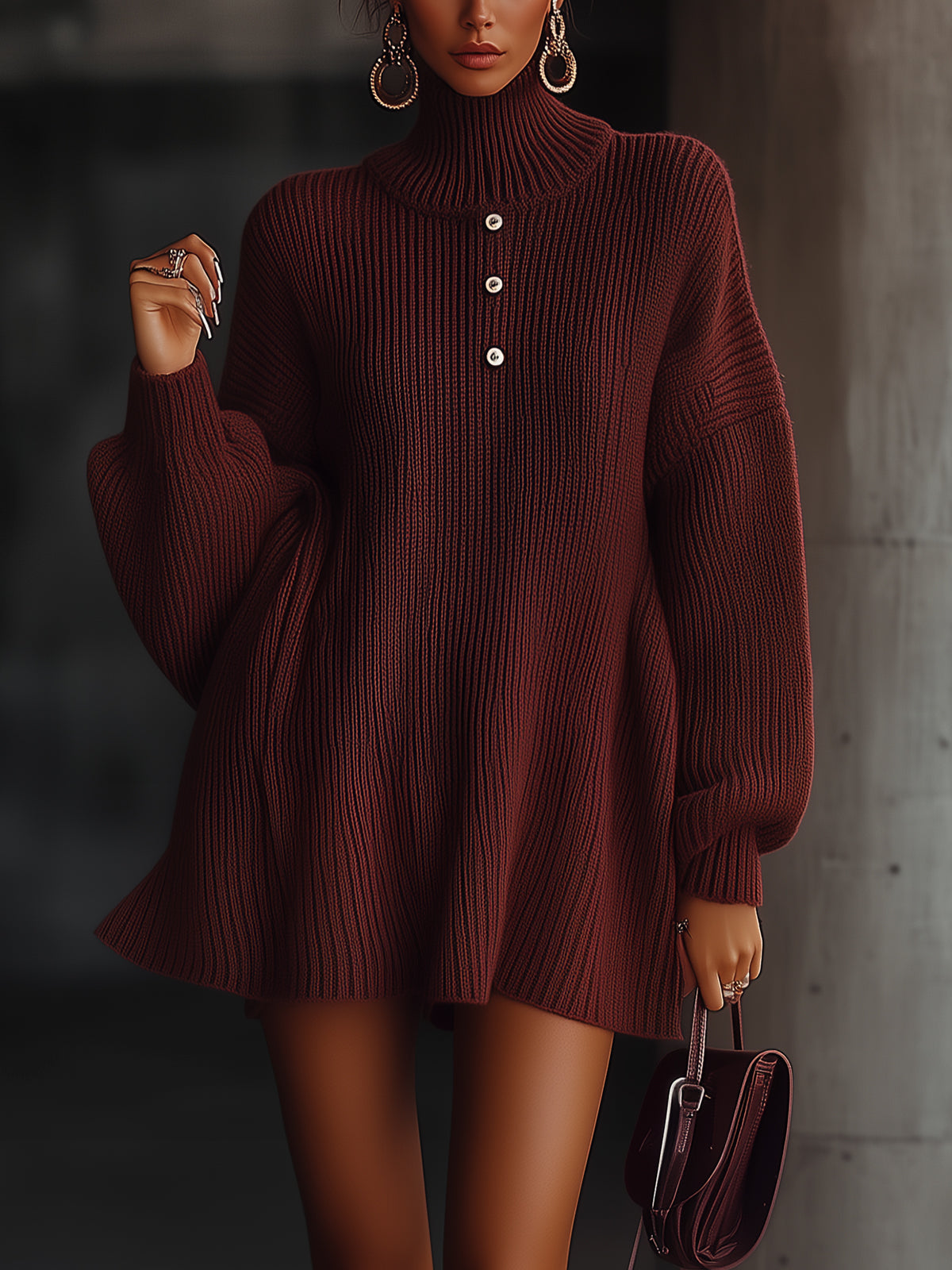 Claret Oversized Ribbed Knit Sweater Dress With Button Detail