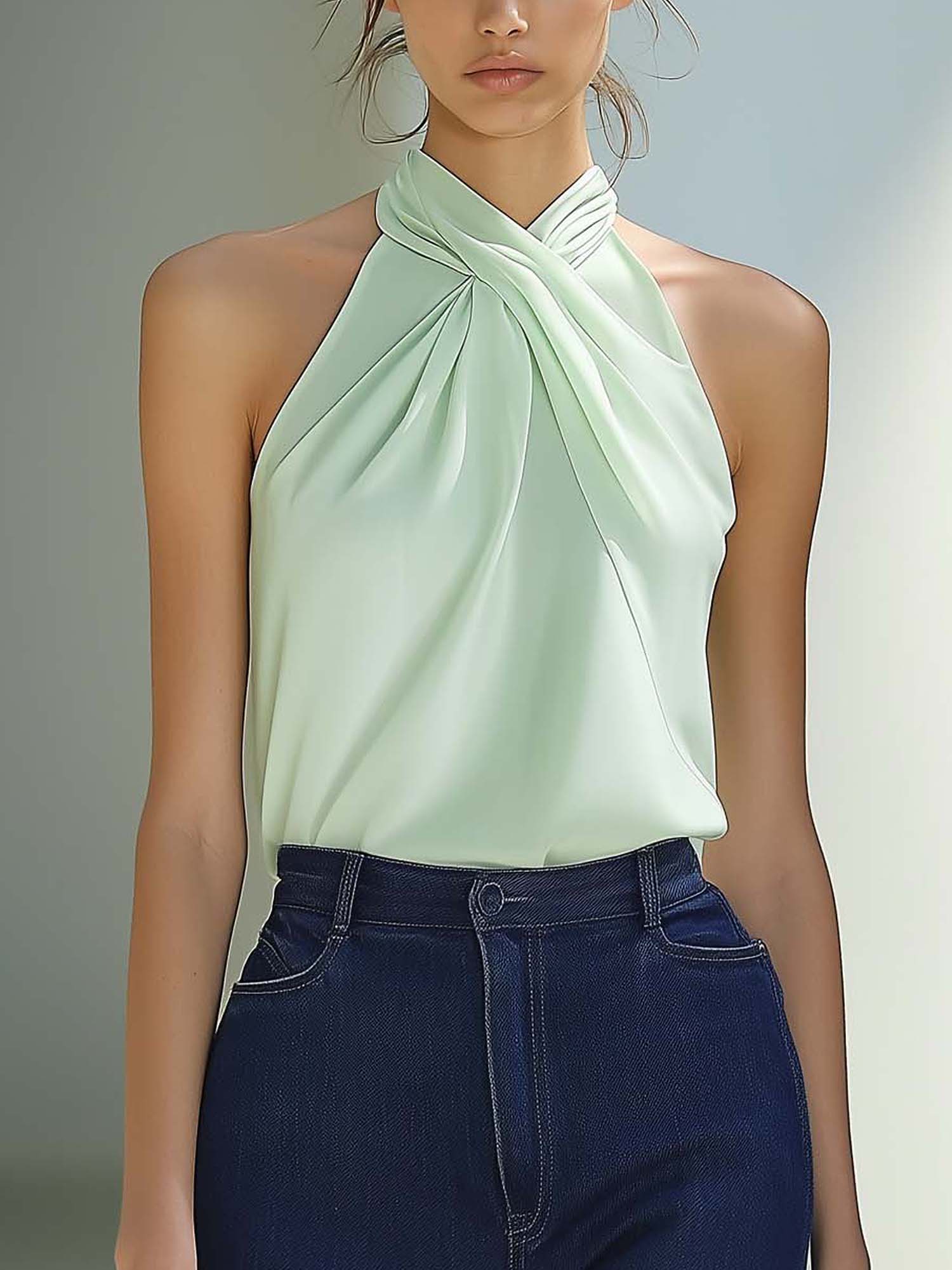Sleeveless Mint Green Chiffon Shirt With Cross Neckline