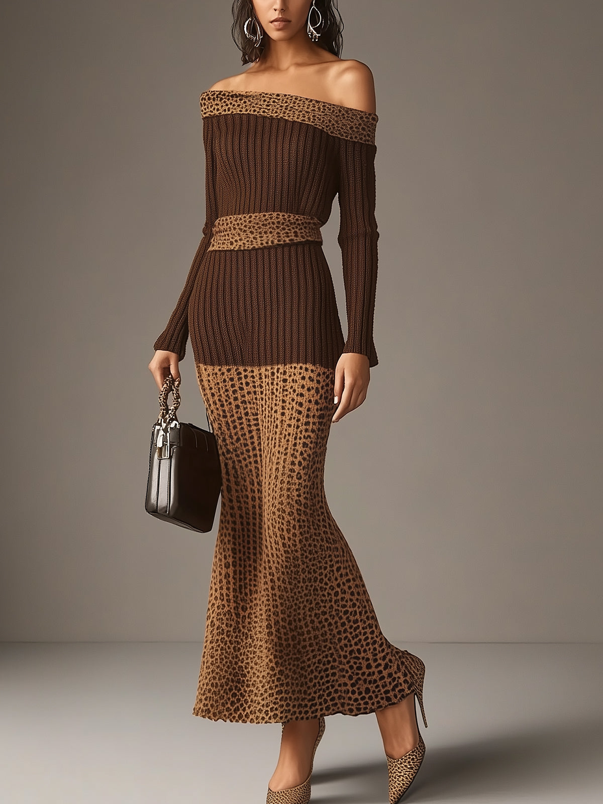 Off Shoulder Leopard Print Ribbed Knit Dress