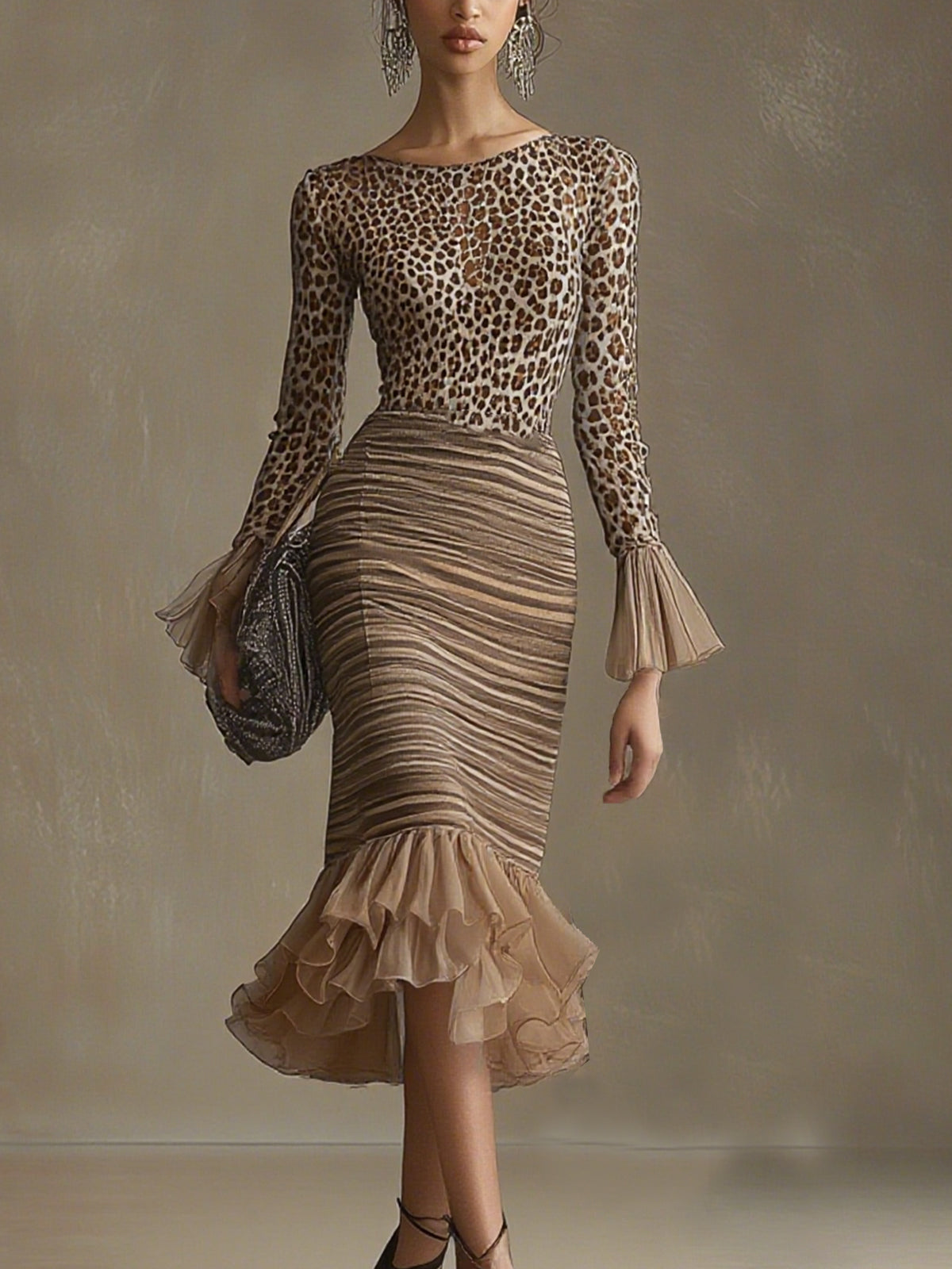 Leopard Print Dress With Striped Mermaid Skirt And Ruffled Details
