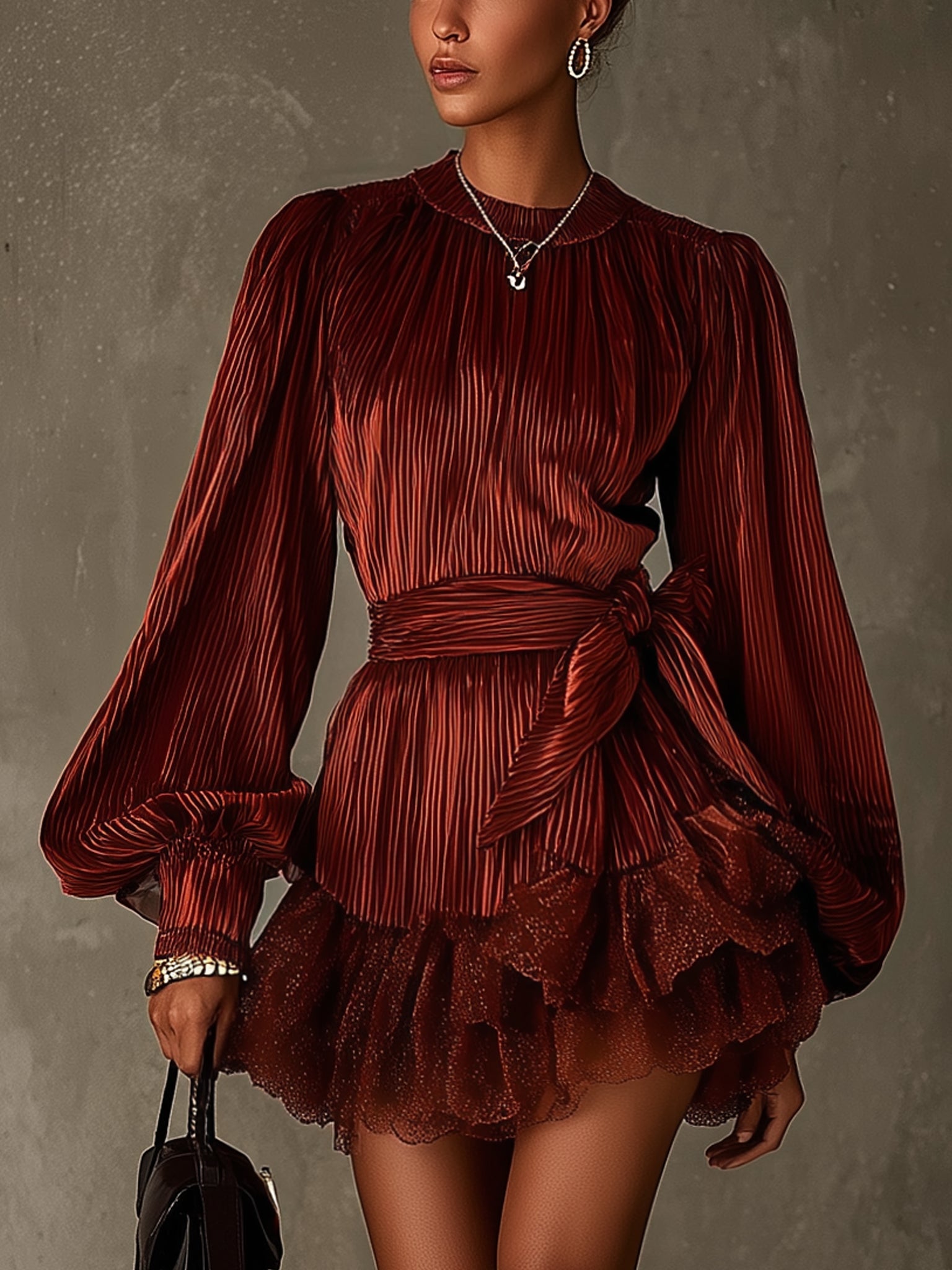 Burgundy Corduroy Lace Ruffle Hem Mini Dress