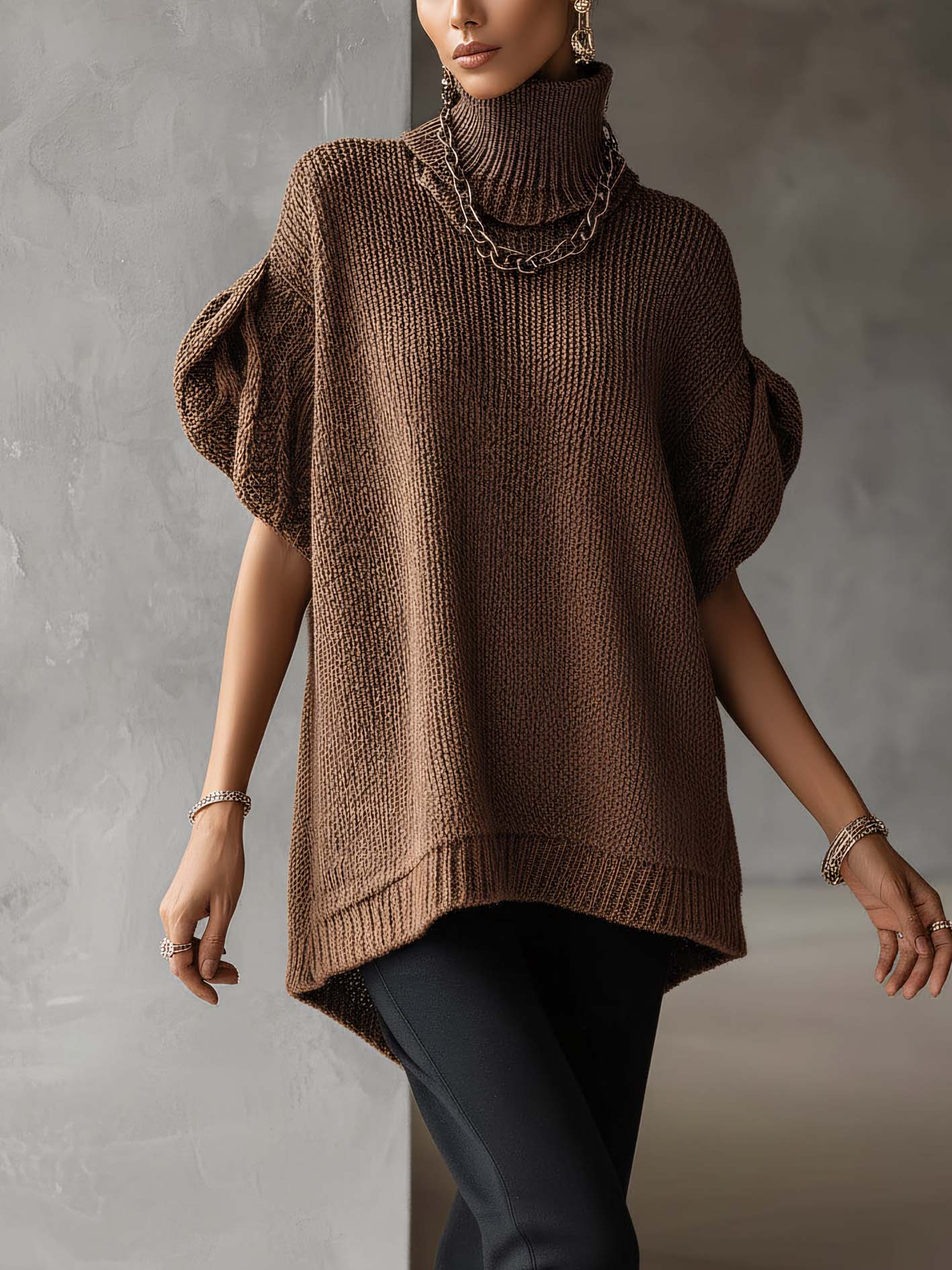 Brown Turtleneck Short Sleeve Chunky Knit Sweater