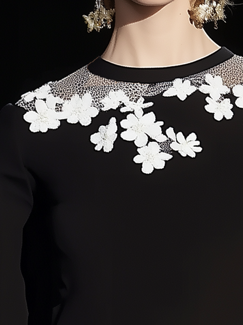 Black Shirt With White Gauze And Flowers At The Neckline