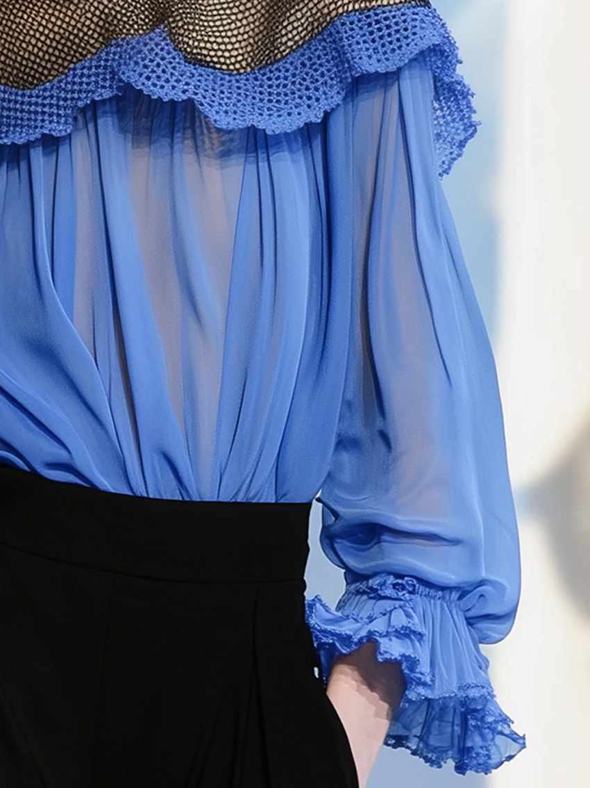 Blue Chiffon Shirt With Neckline Stitching Black Mesh