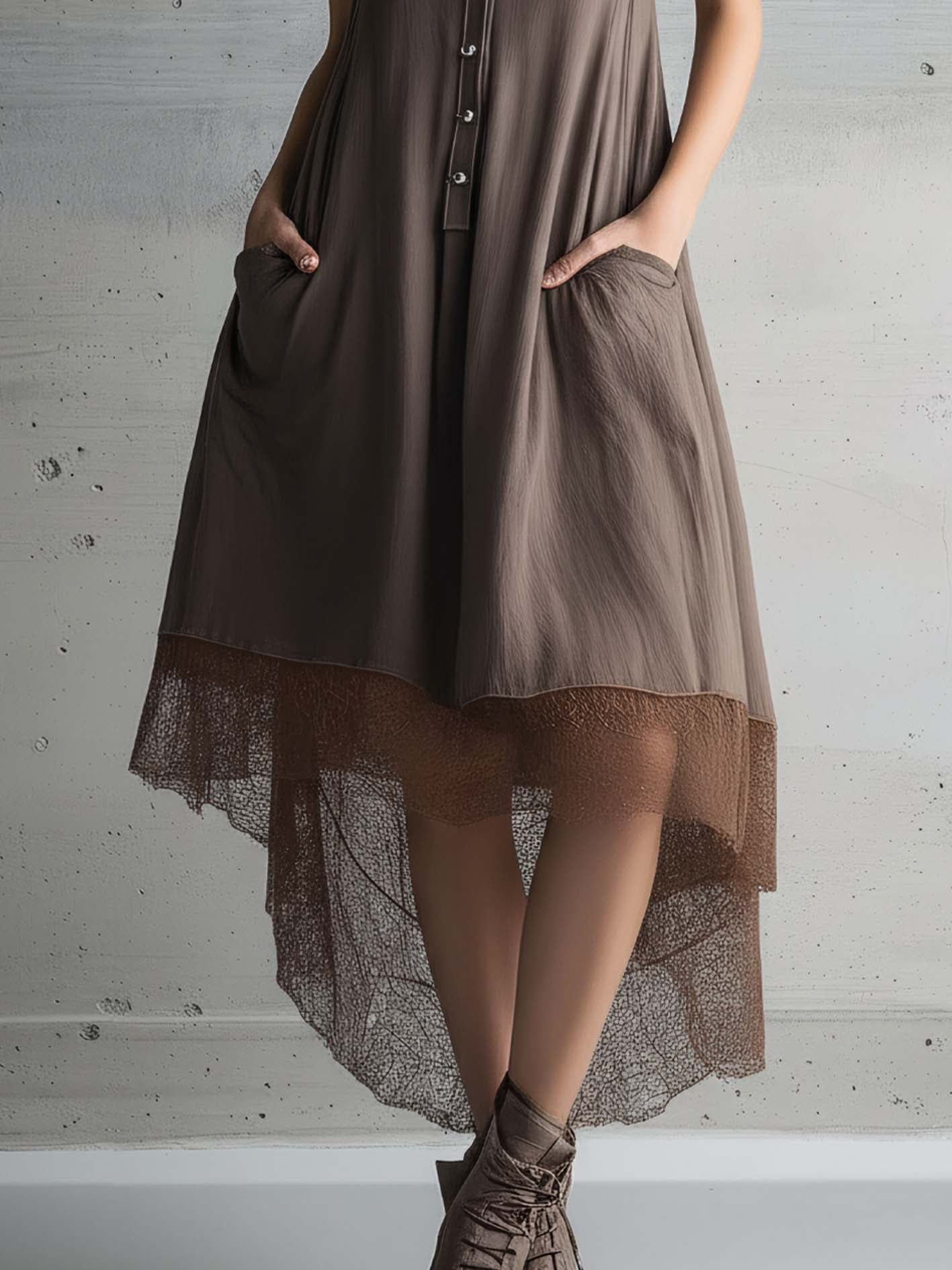 Chocolate Brown Patchwork Lace Sleeveless Irregular Hem Cotton Linen Midi Dress