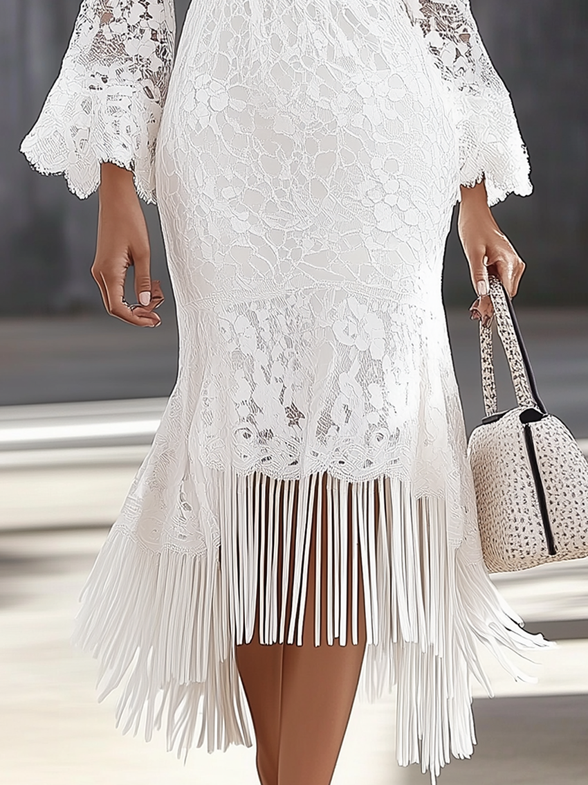 White Lace Bodycon Dress With Tassel Embellishment On The Bottom