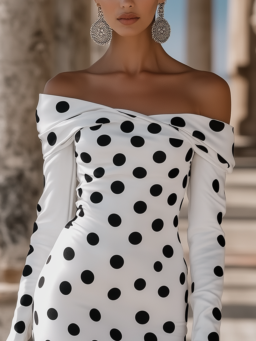 Off-shoulder White Midi Bodycon Dress With Black Polenta Print