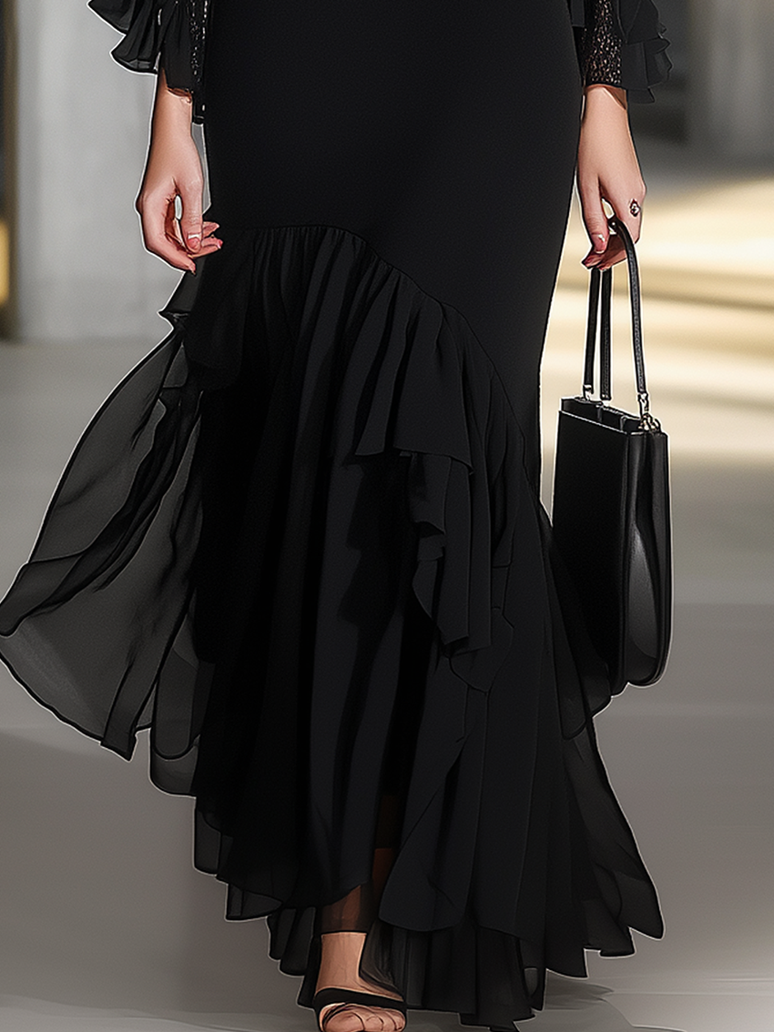 Black Chiffon Maxi Dress With Mesh Sleeves And Neckline