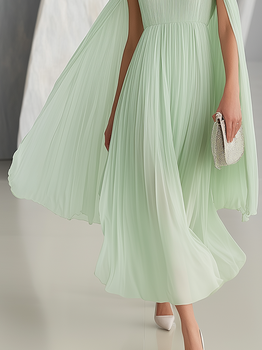 Mint Green Chiffon Midi Dress With Cape