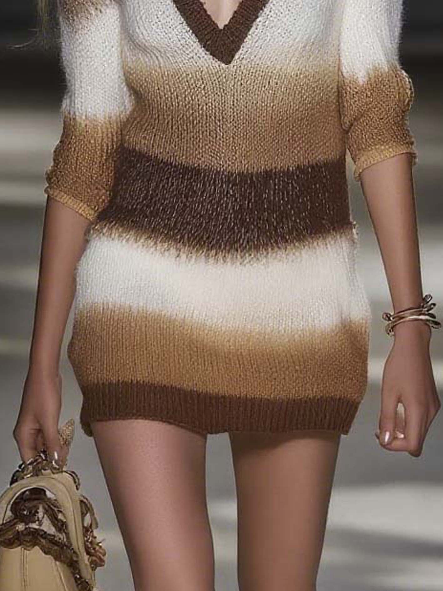 White Thin Knitted Mini Dress With Brown Gradient