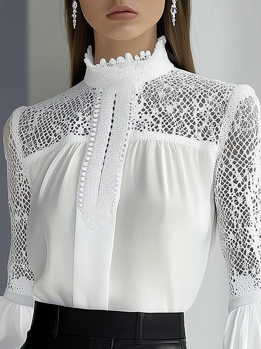 High Collar Stitching Mesh White Chiffon Shirt