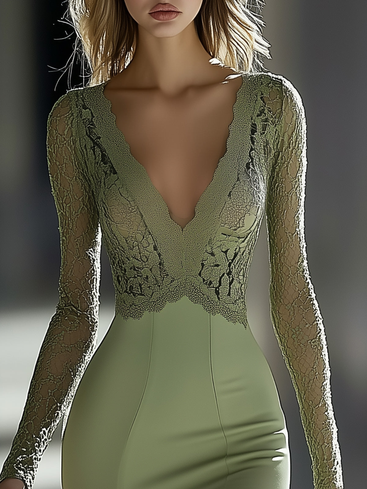 Green Midi Dress With Lace Fitted Silhouette