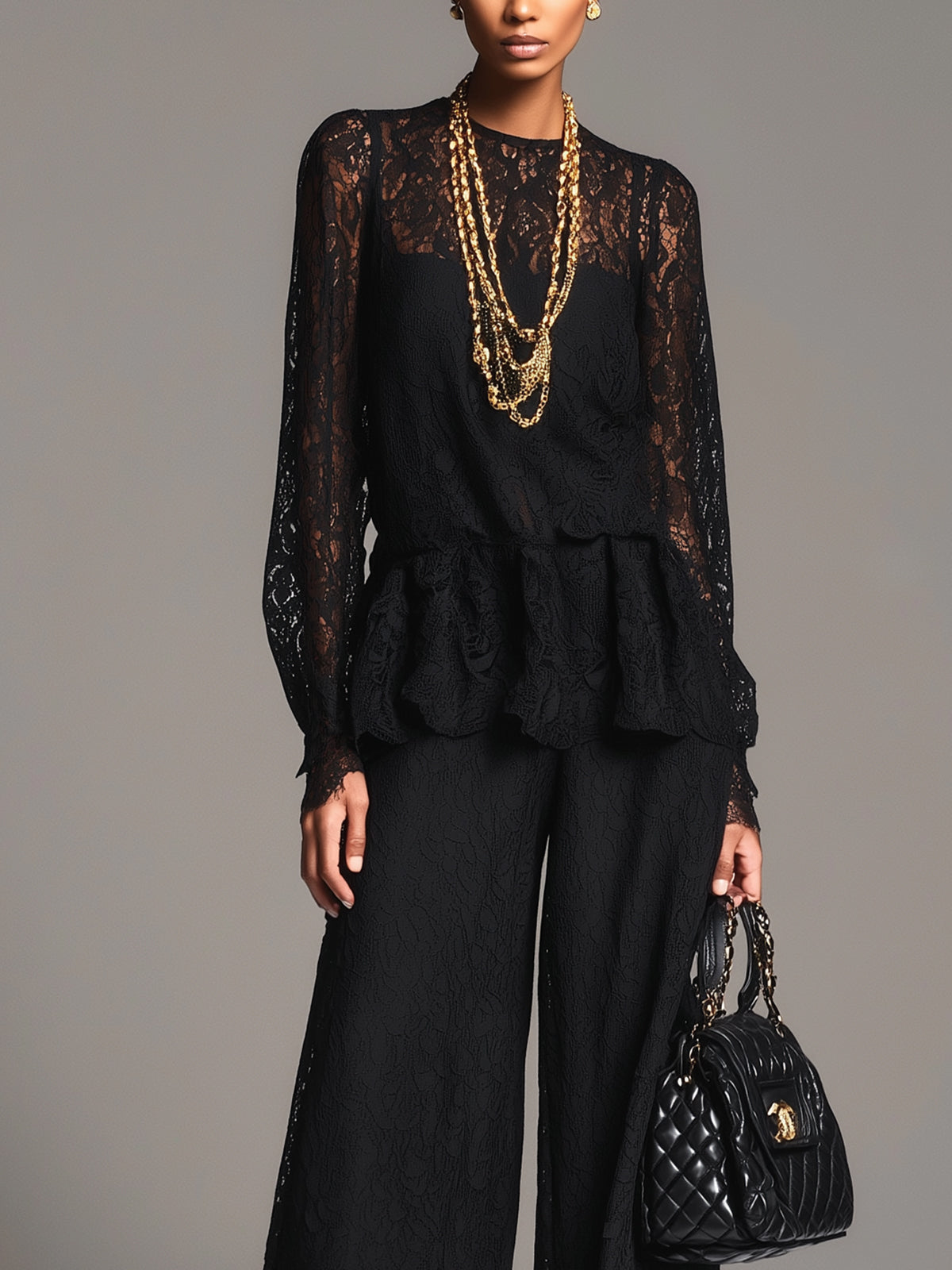 Black Lace Long‑Sleeve Peplum Blouse And Wide‑Leg Pants Set