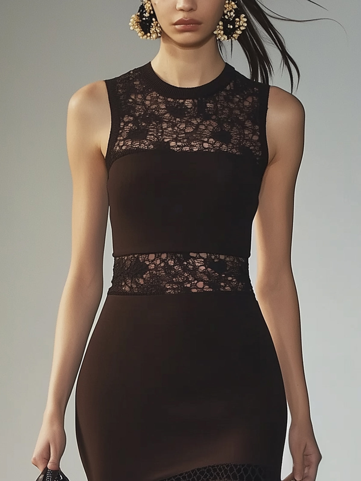 Black Lace Panel Sheer Detail Crew Neck Sleeveless Midi Dress