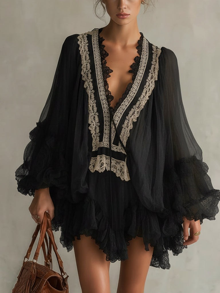 Black Chiffon Lace Deep V-Neck Mini Dress