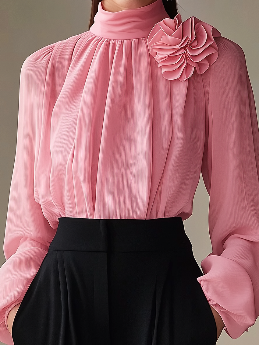 High Collar Pink Shirt With 3D Flower Decor