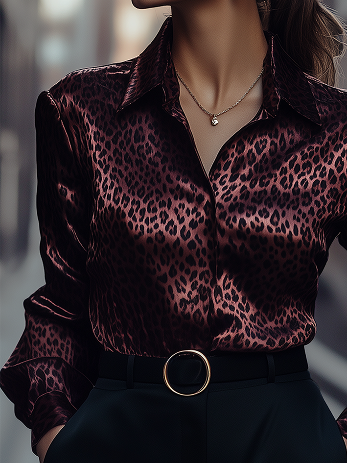 Dark Red Leopard Print Satin Blouse