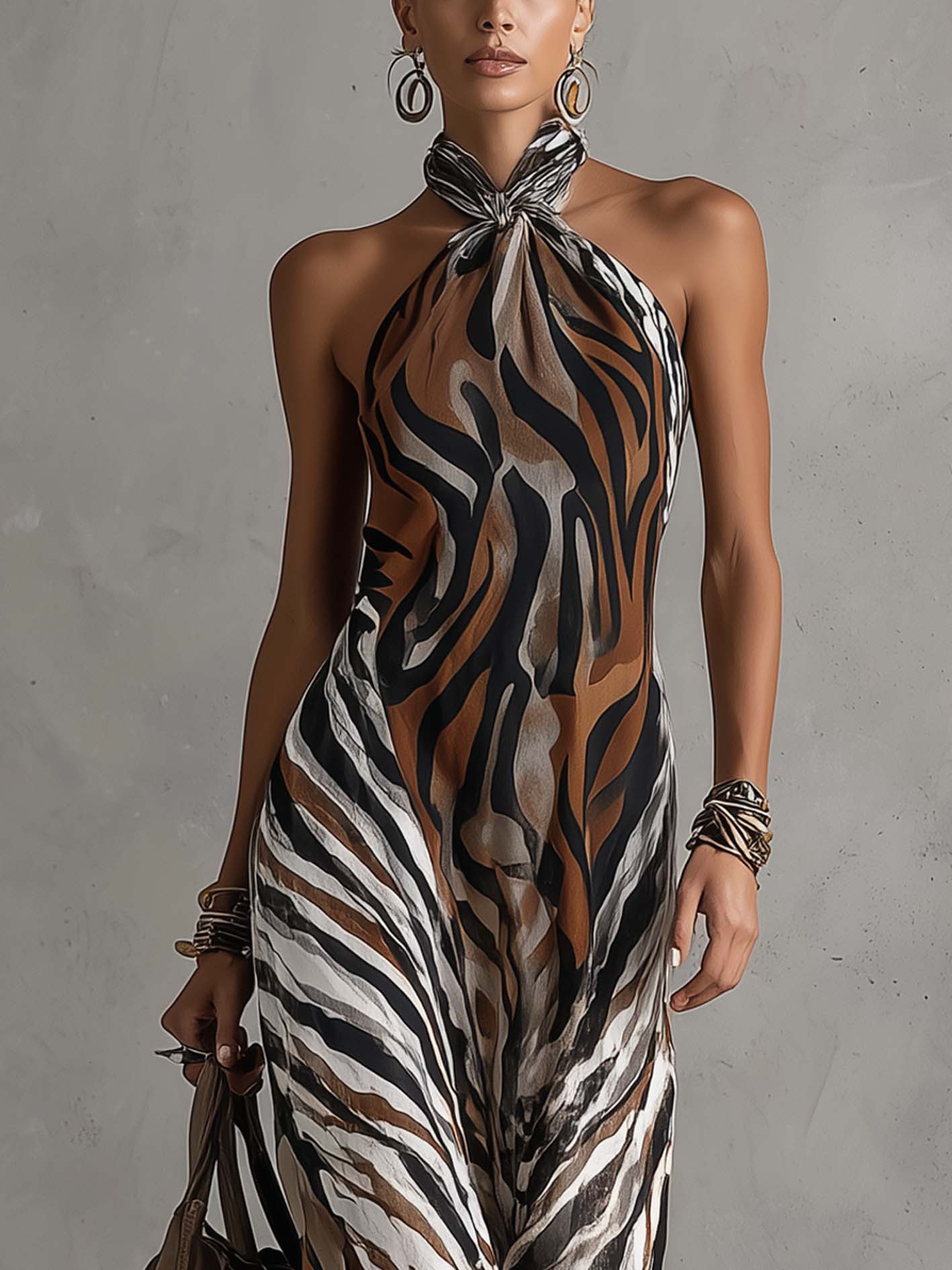 Multicolor Zebra Print Halter Neck Sleeveless Maxi Dress