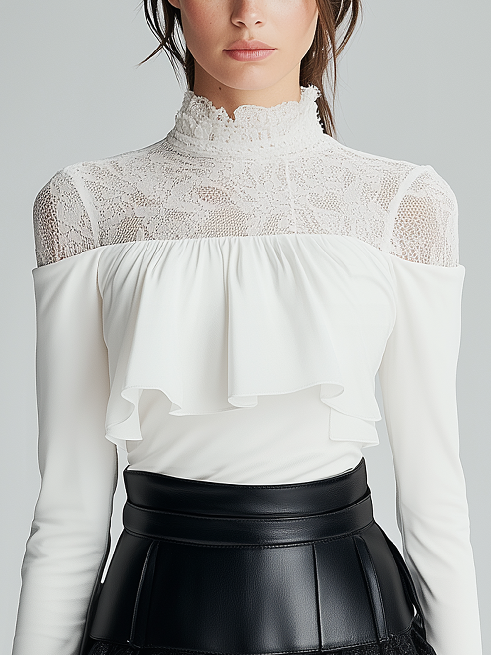 White Tight Stretch T-shirt With Stitched Lace Neckline