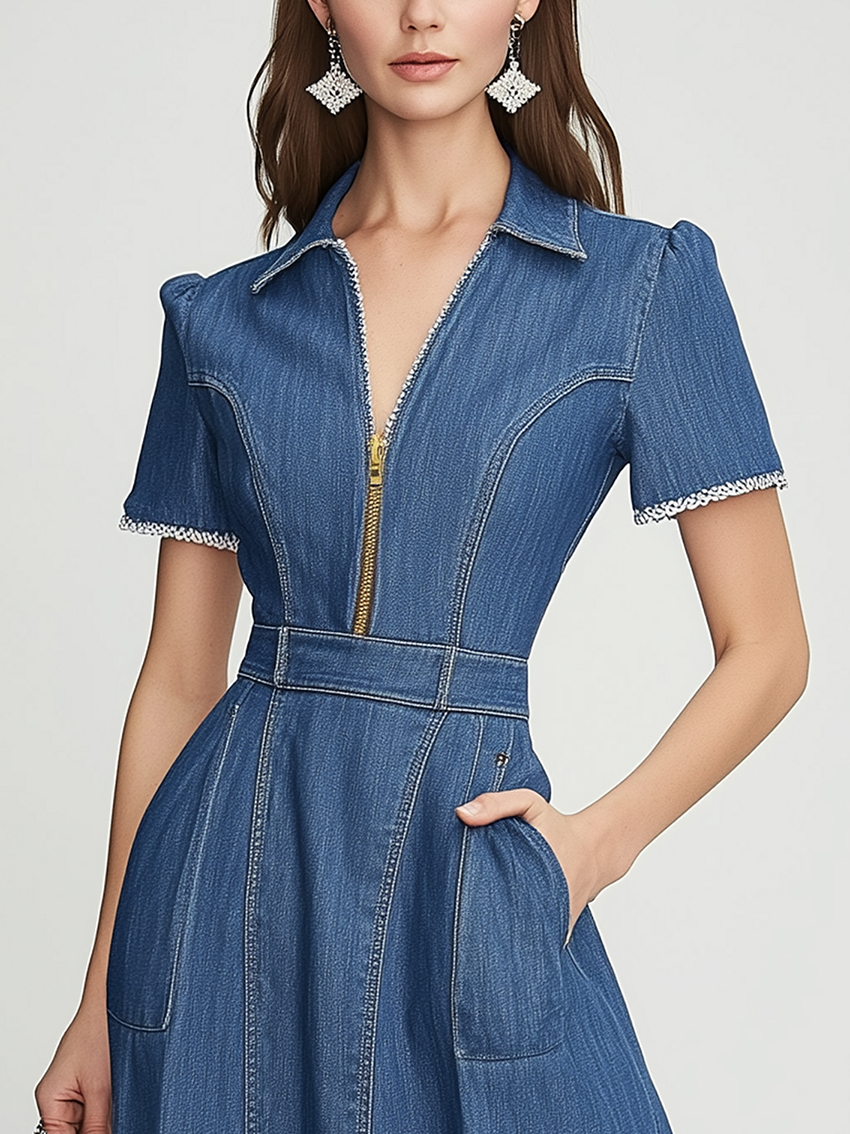 A -Shape Of The Denim Midi Dress With Zipper