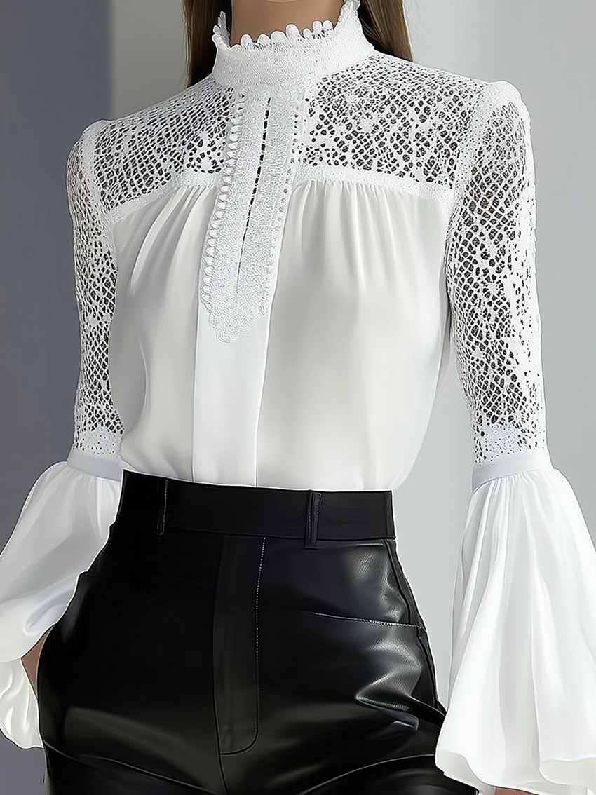 High Collar Stitching Mesh White Chiffon Shirt