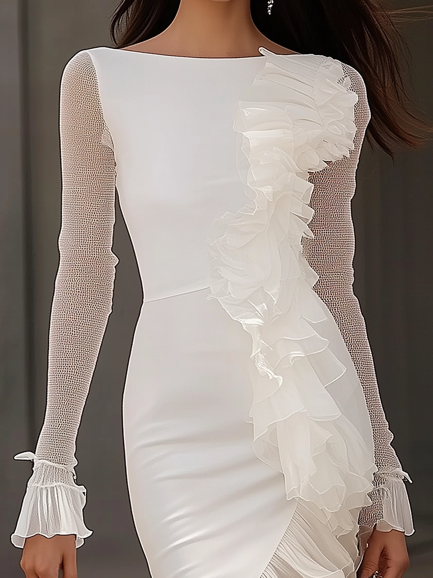 White Midi Bodycon Dress With Gauze Sleeves And Pleated Decoration