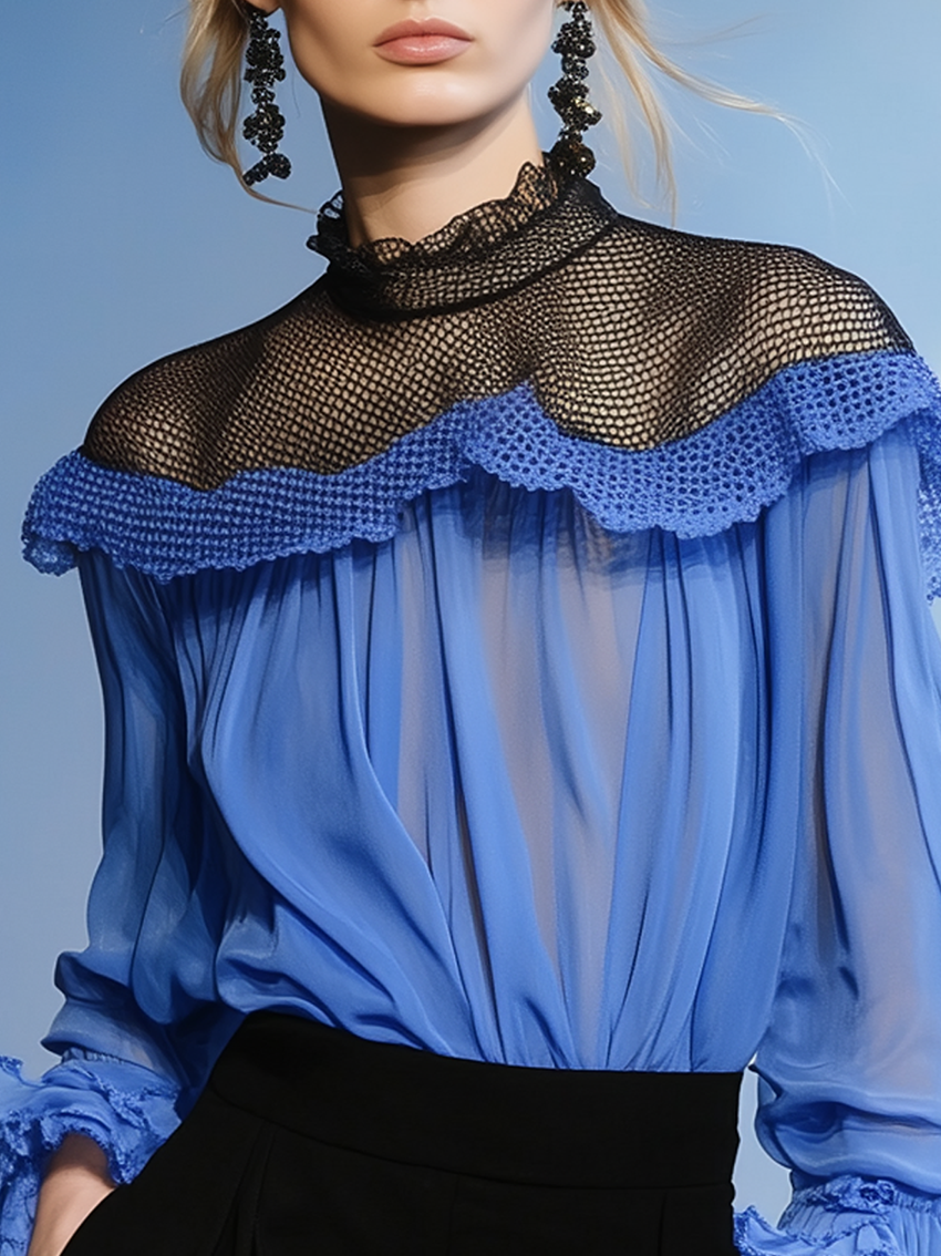 Blue Chiffon Shirt With Neckline Stitching Black Mesh