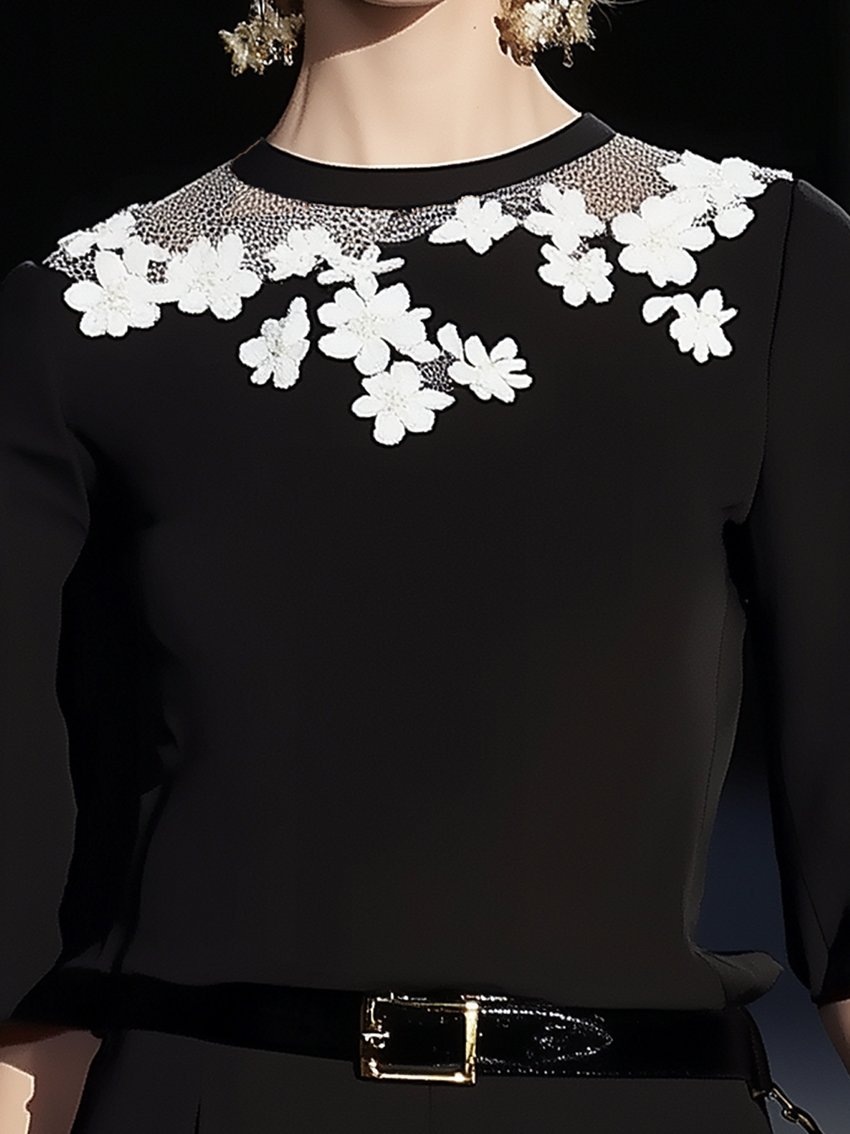 Black Shirt With White Gauze And Flowers At The Neckline