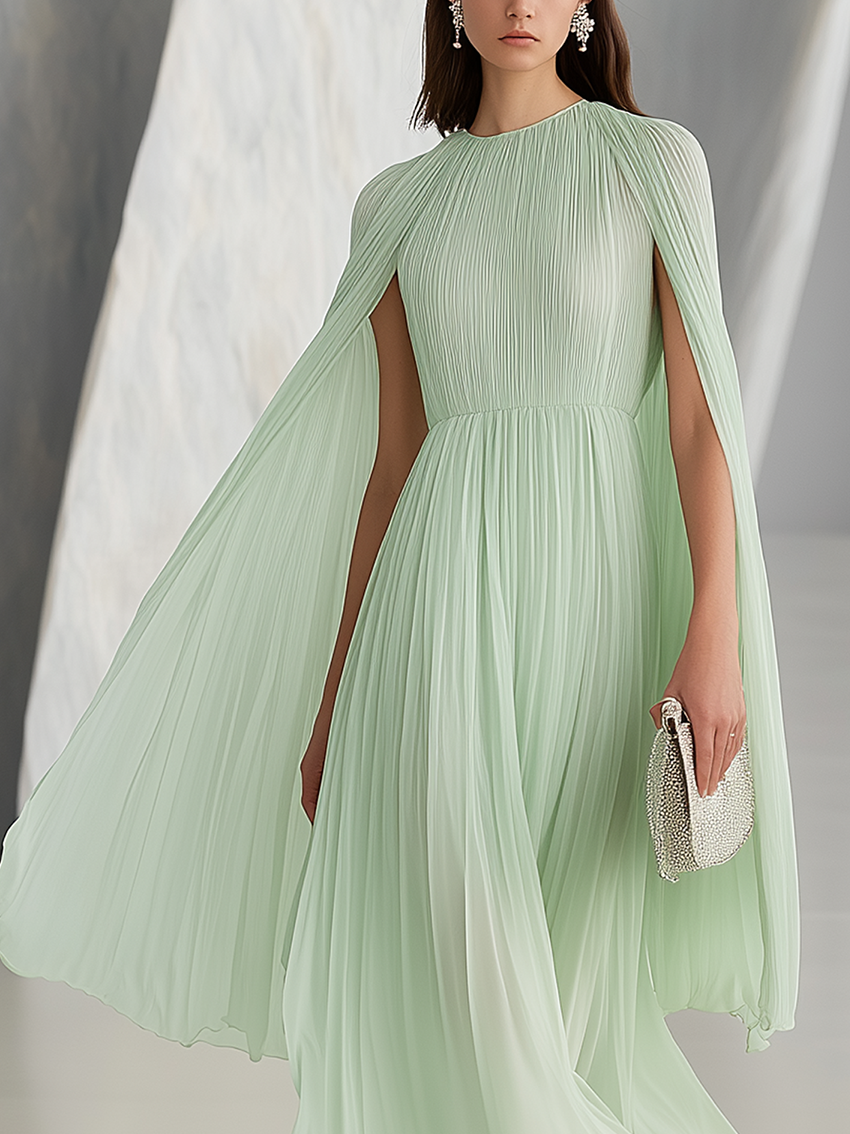 Mint Green Chiffon Midi Dress With Cape