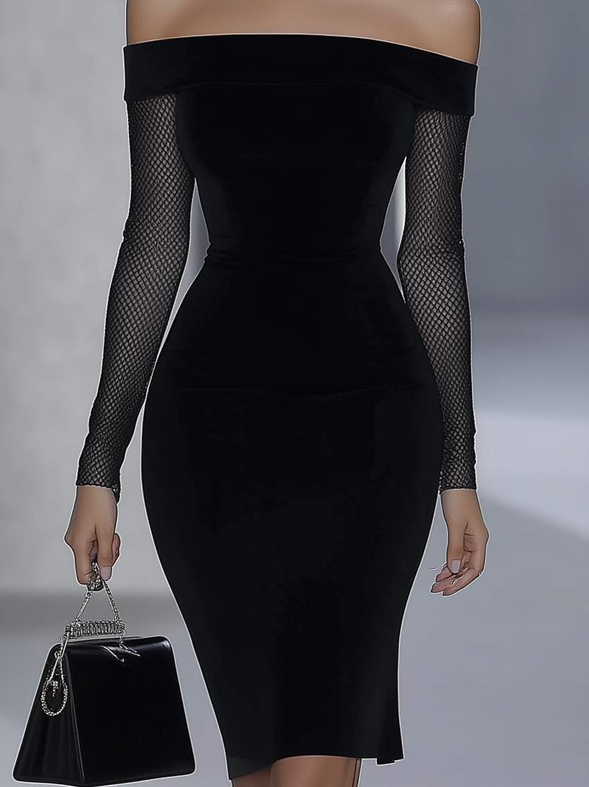 Off The Shoulder Black Midi Bodycon Dress With Black Gauze Sleeves