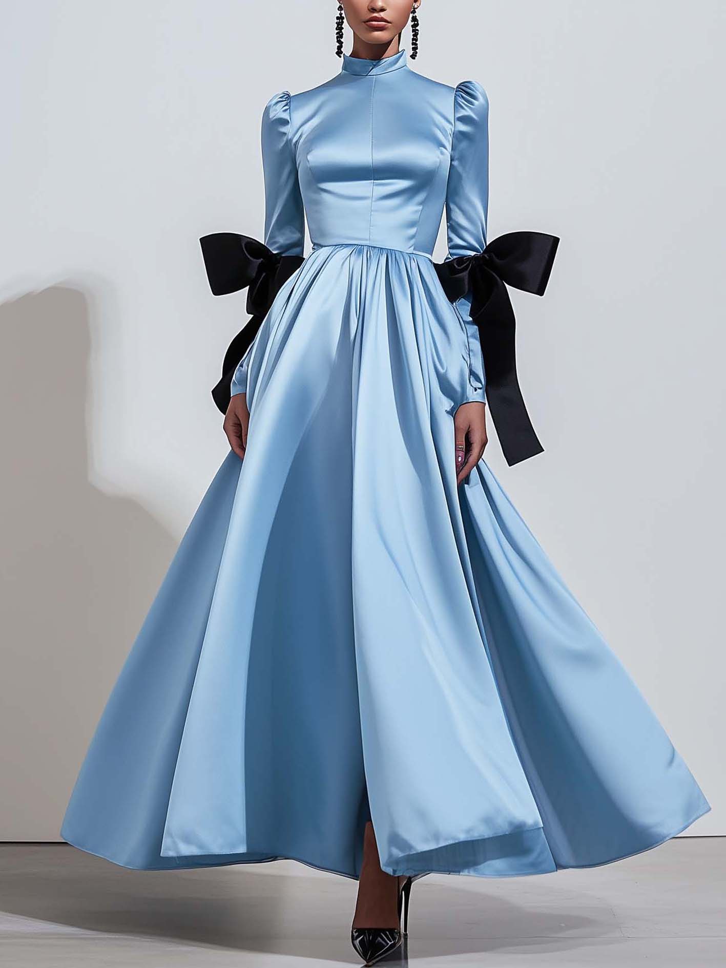 Light Blue Satin Maxi Dress With Black Bows On The Sleeves