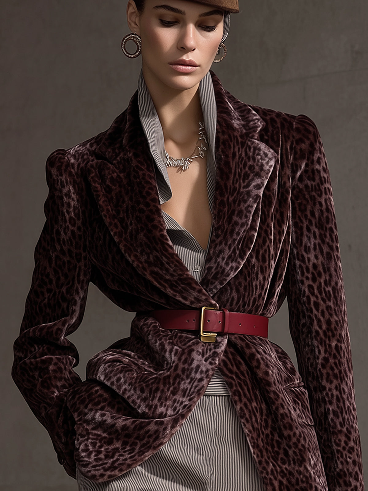Dark Purple Leopard Velvet Blazer With Structured Lapels
