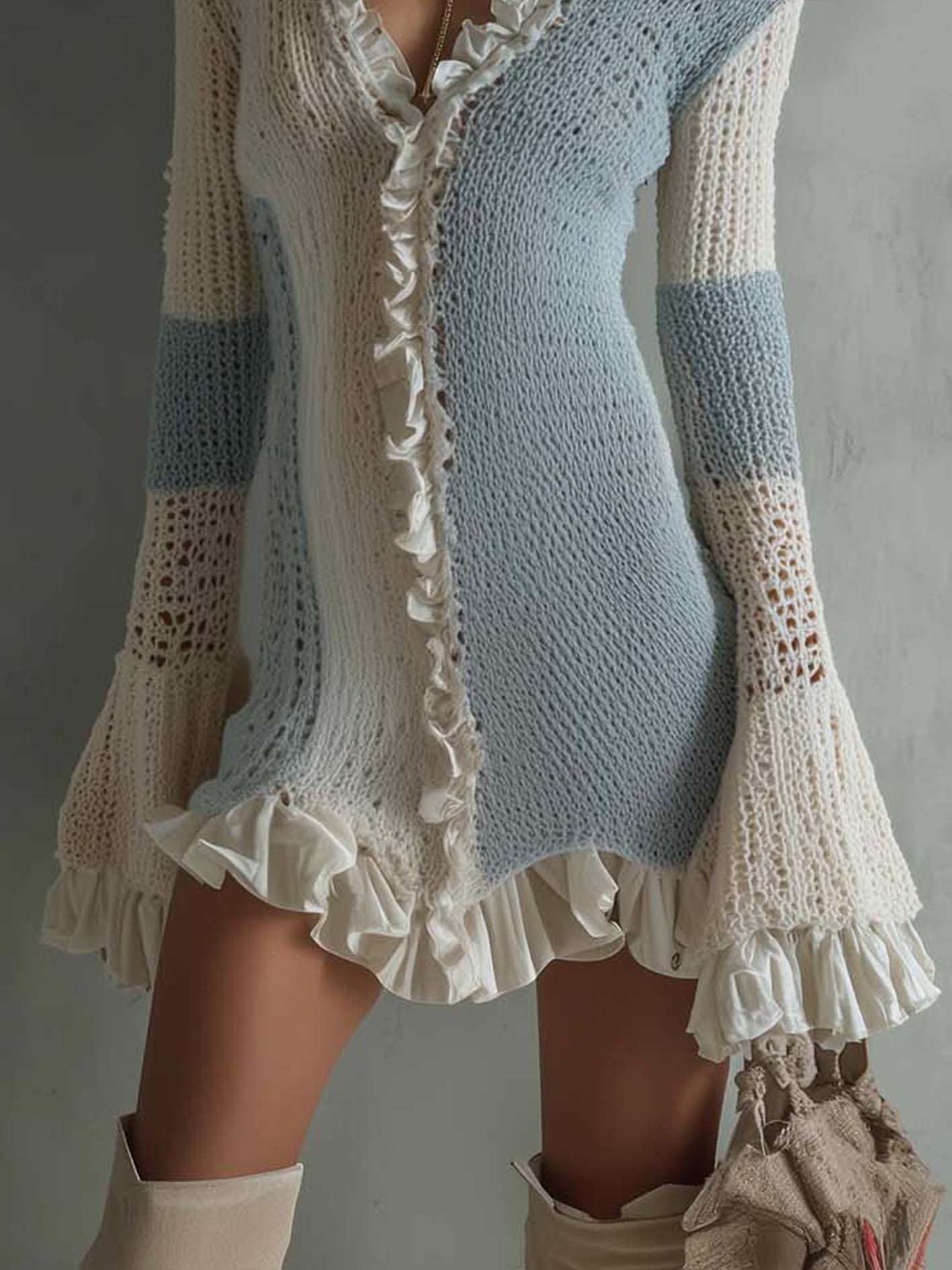 Sky Blue And White Ruffled Patchwork Knit Mini Dress