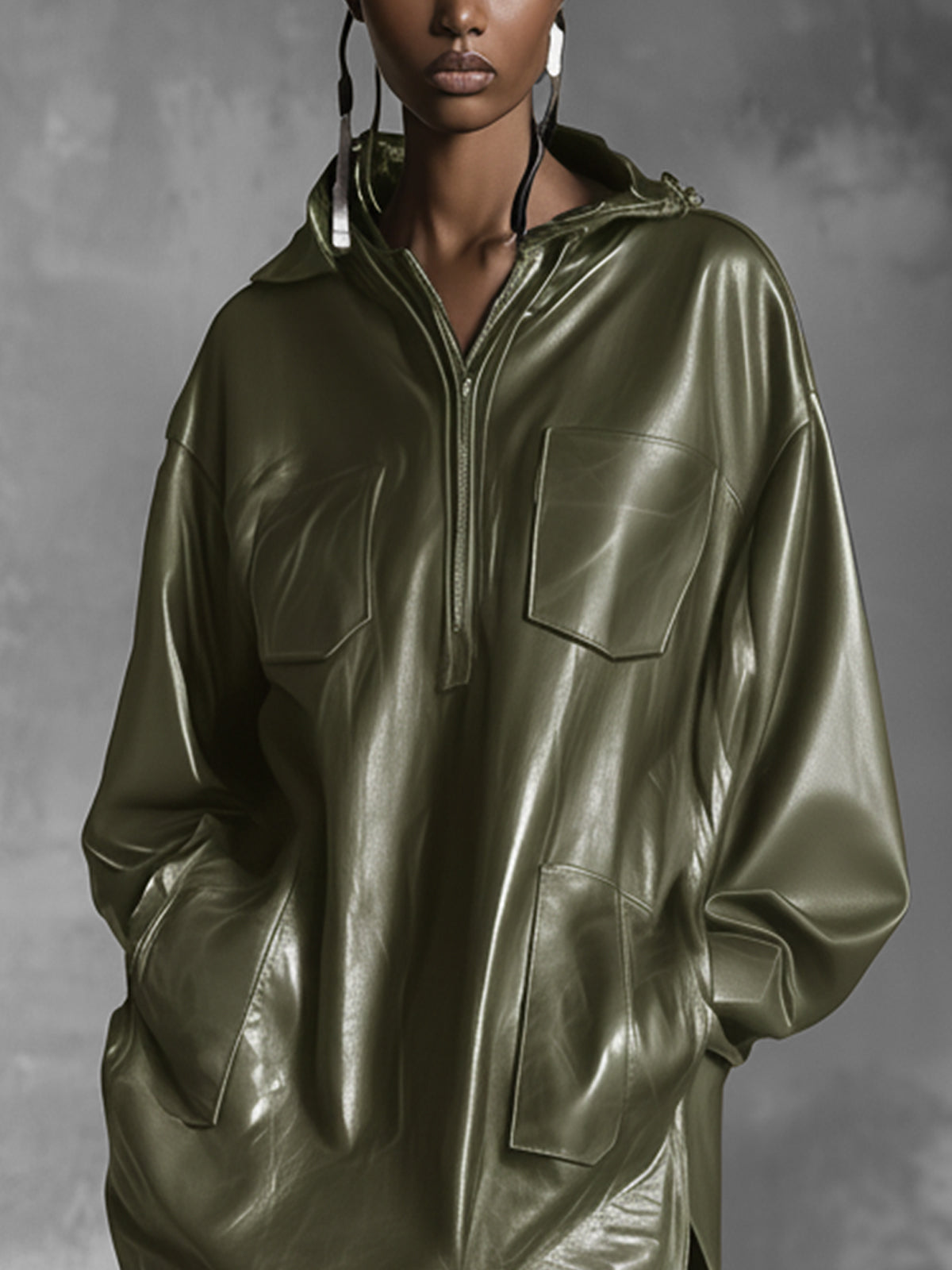 Olive Green Faux Leather Hooded Dress With Pockets