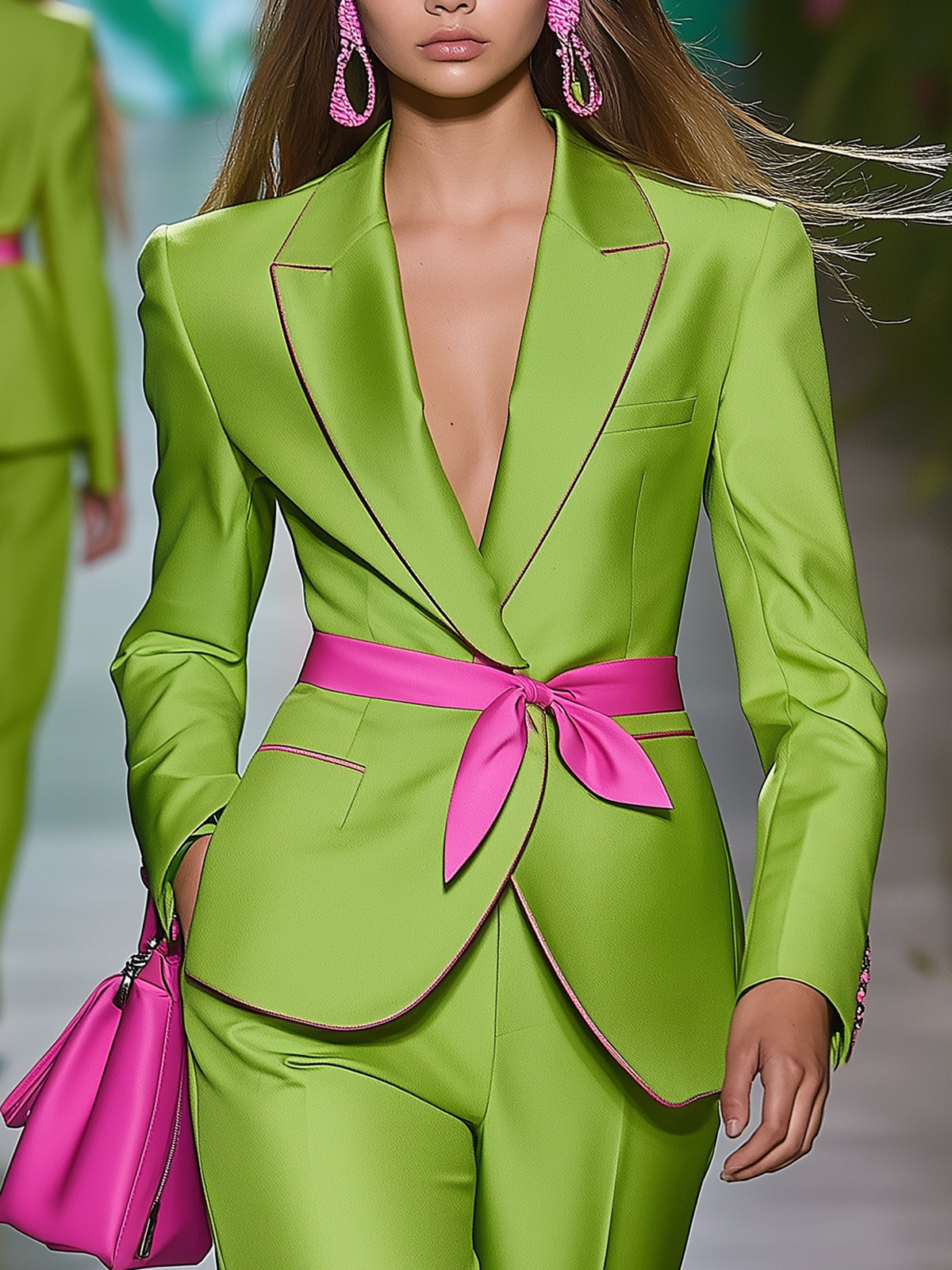 Lemon Green Contrast Pink Belt Blazer
