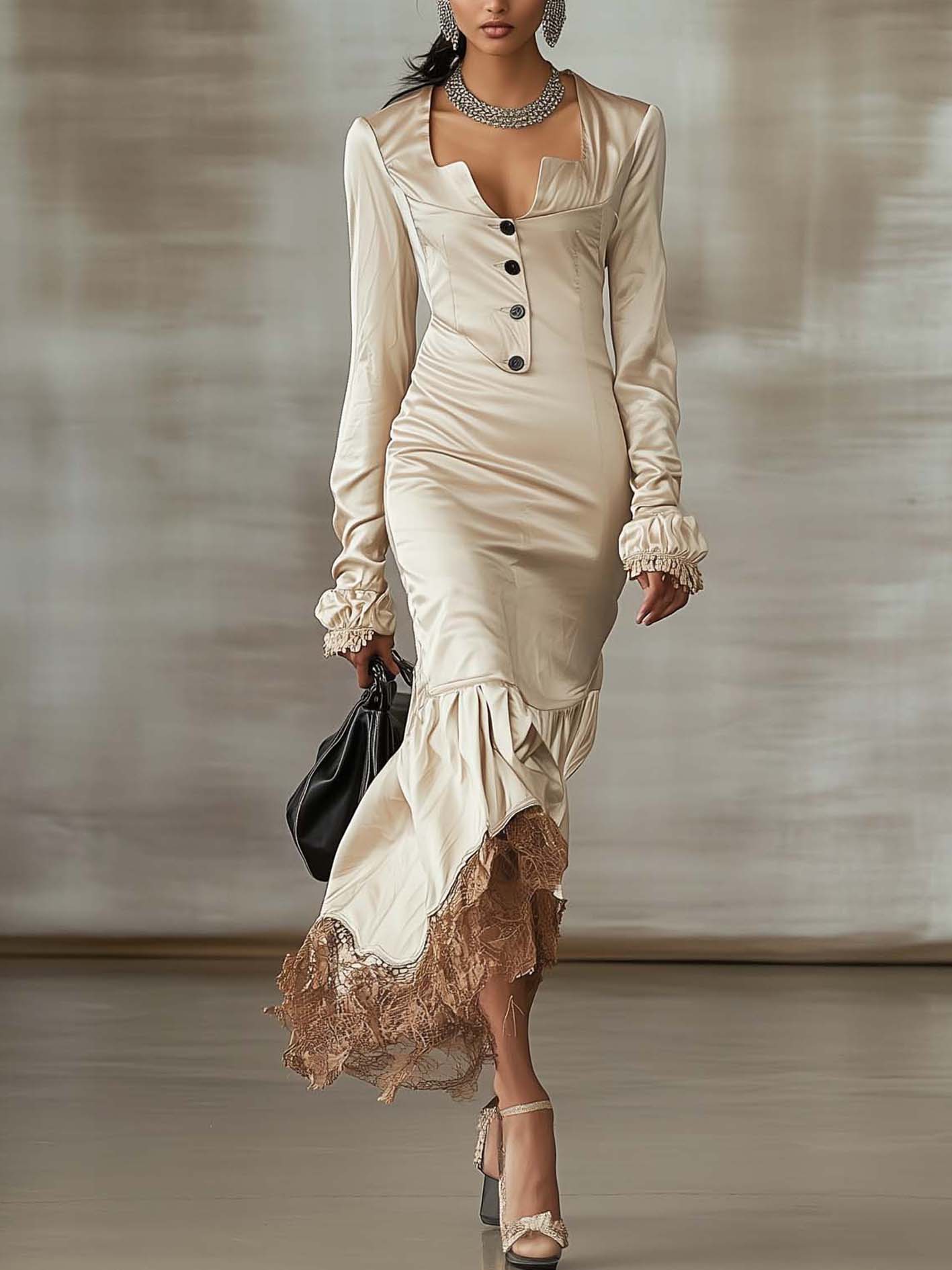 Beige Satin Bodycon Dress With Lace