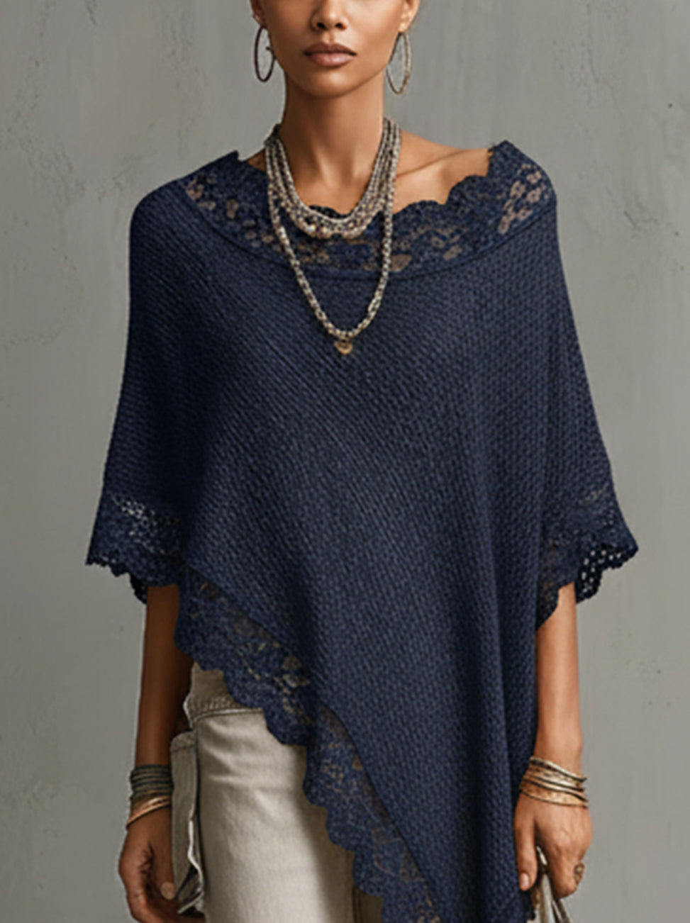 Navy Blue Lace-Trim Asymmetrical Knit Sweater
