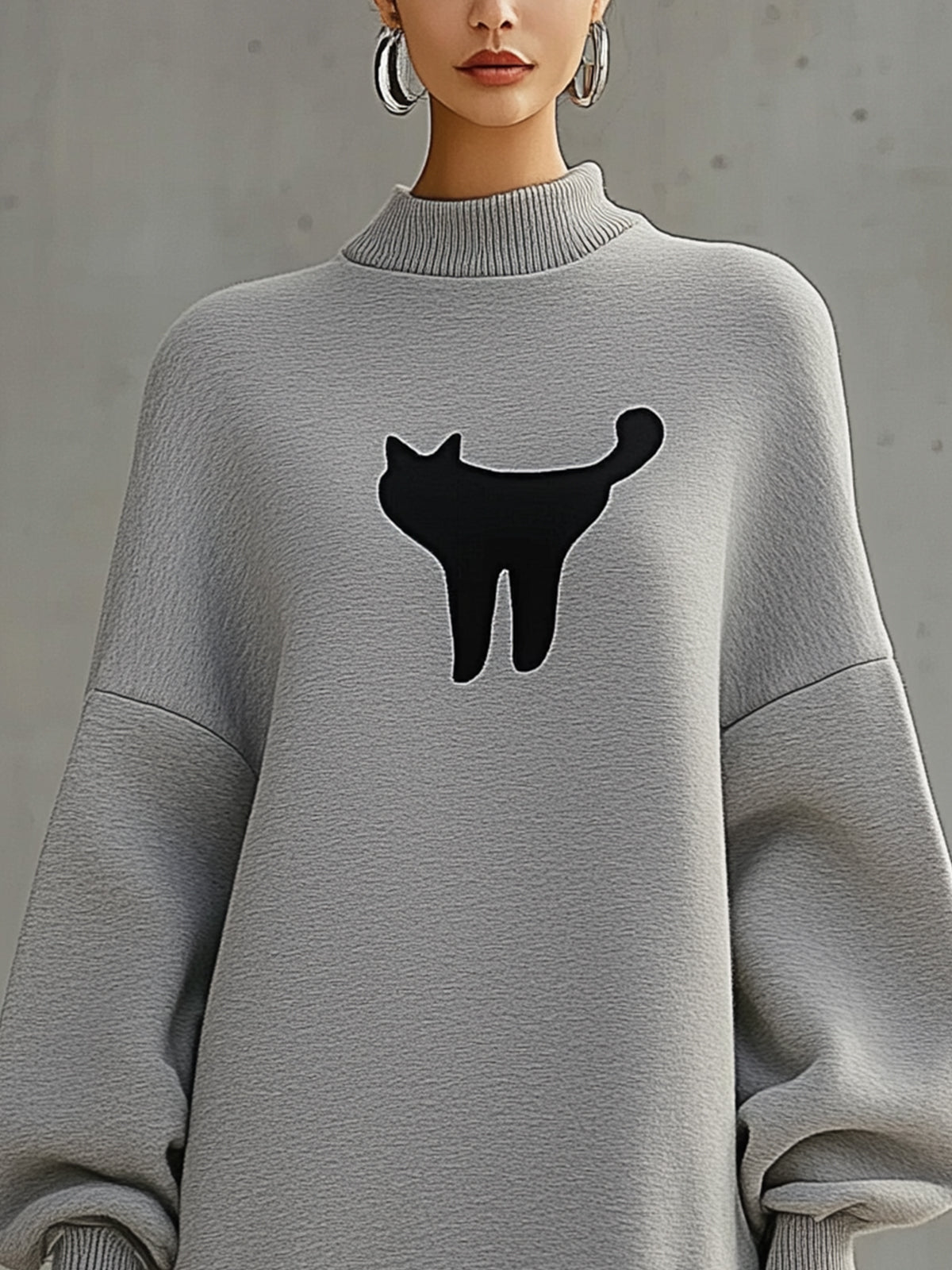 Gray Casual Cat Graphic Sweatshirt Dress