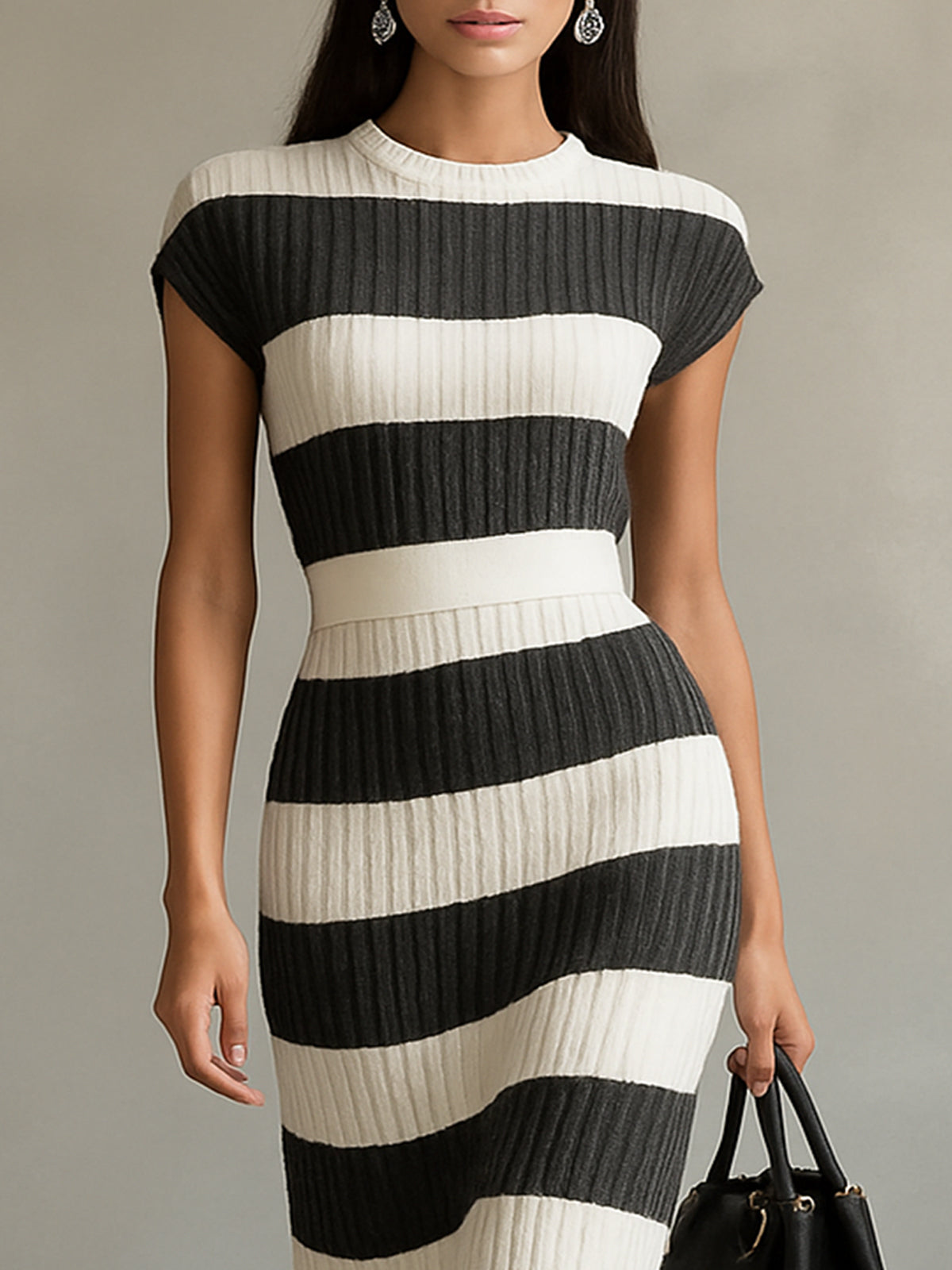Black And White Ribbed Knit Striped Midi Dress With Cap Sleeves