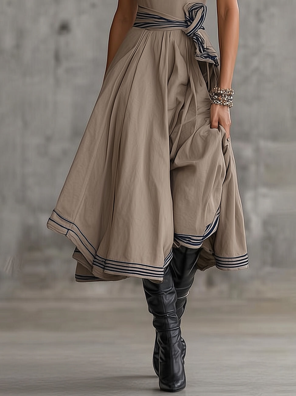 Brown Sleeveless Turtleneck Belted Flowy Midi Dress